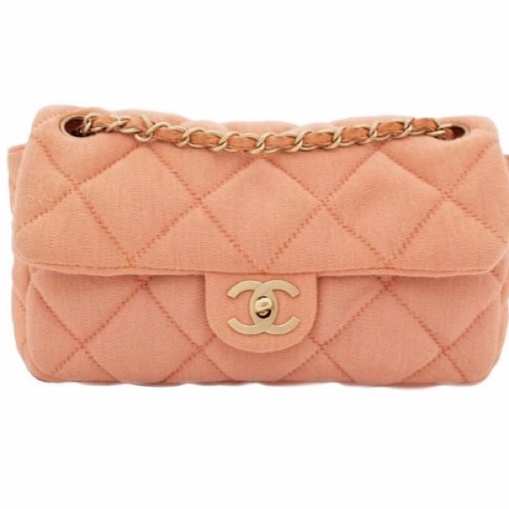 chanel peach jersey knit single flap bag